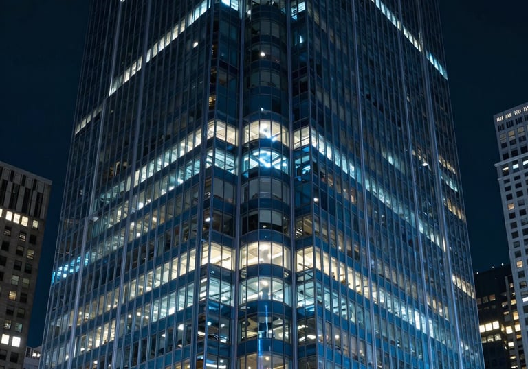 A professional photograph showing the exterior of a sleek glass skyscraper in a North American financial district at night, glowing with blue light.
