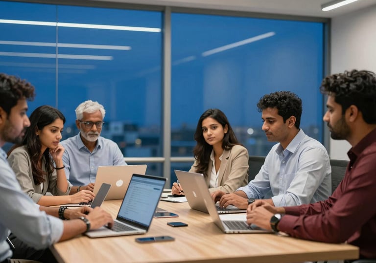 A group of diverse professionals in a South Asian / Indian tech hub having a productive meeting in a room with Royal Blue glass partitions and modern lighting.