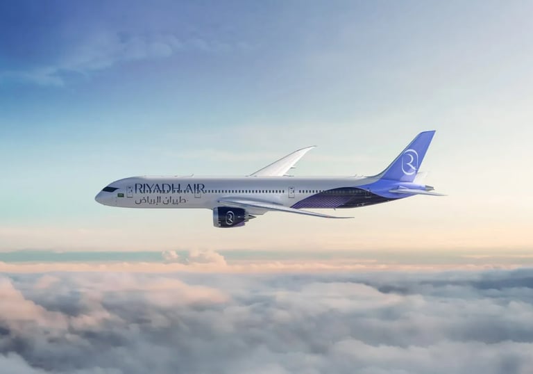 Riyadh Air plane in the sky.