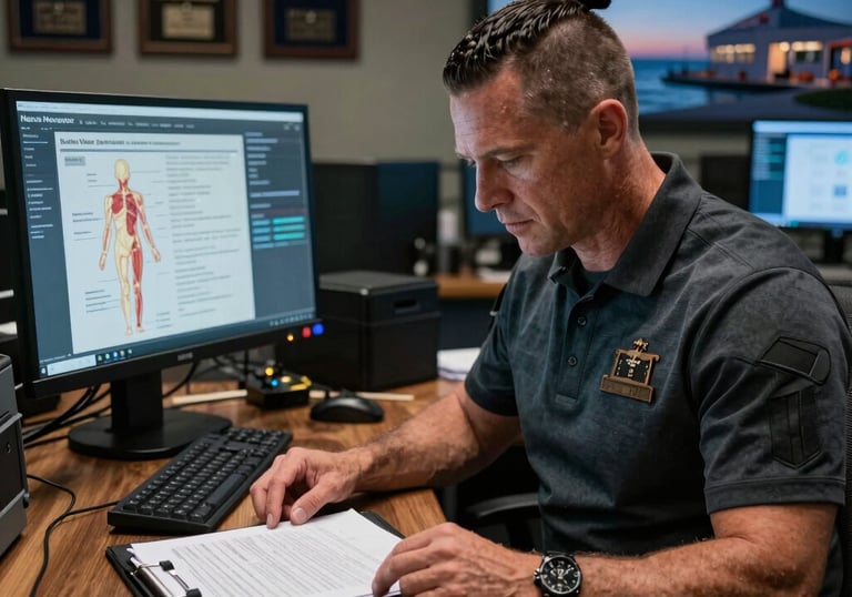 Close-up of a Marine veteran confidently reviewing case files under a matte black desk lamp.