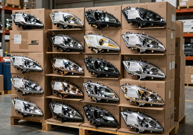 A stack of neatly boxed and labeled car headlights ready for international shipping, clean industrial lighting, professional warehouse in Spain.