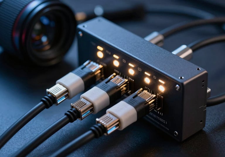 Clean, artistic photography of high-performance networking cables and hardware indicators glowing in a dark blue, professional tech environment.