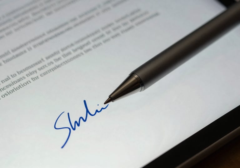 Macro shot of a digital tablet pen resting on a sleek screen, symbolising modern digital signatures and paperwork, cool blue and off-white tones.