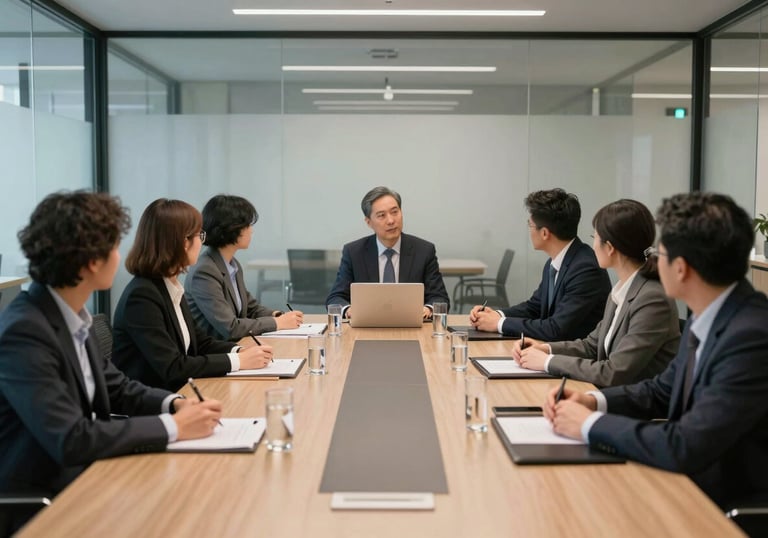 A wide-angle shot of a professional collaborative meeting in a glass-walled conference room, modern North American corporate setting, sophisticated and trustworthy vibe.