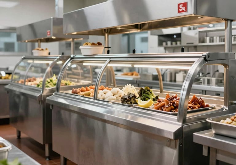 Interior of a modern, clean Slovak catering facility with stainless steel equipment and a professional, organized atmosphere.