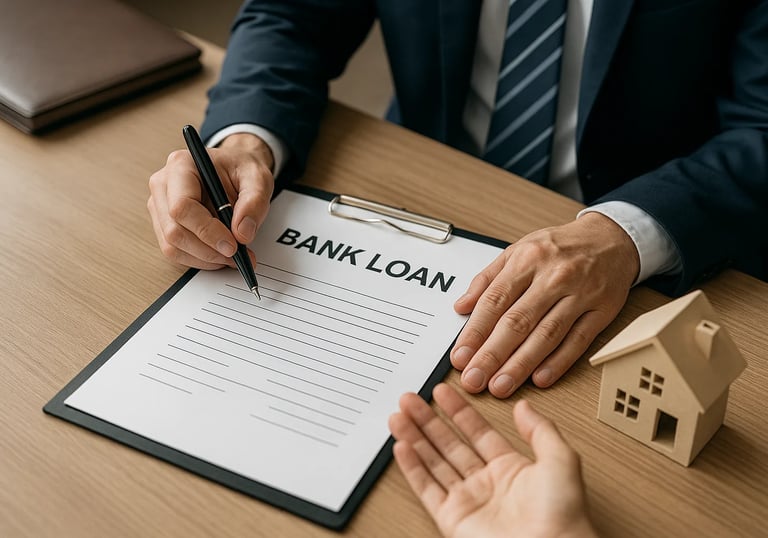 Bank officer signing a loan application form with a house model on the desk.