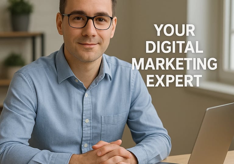 Digital marketing expert sitting at a desk with a laptop and analytics charts