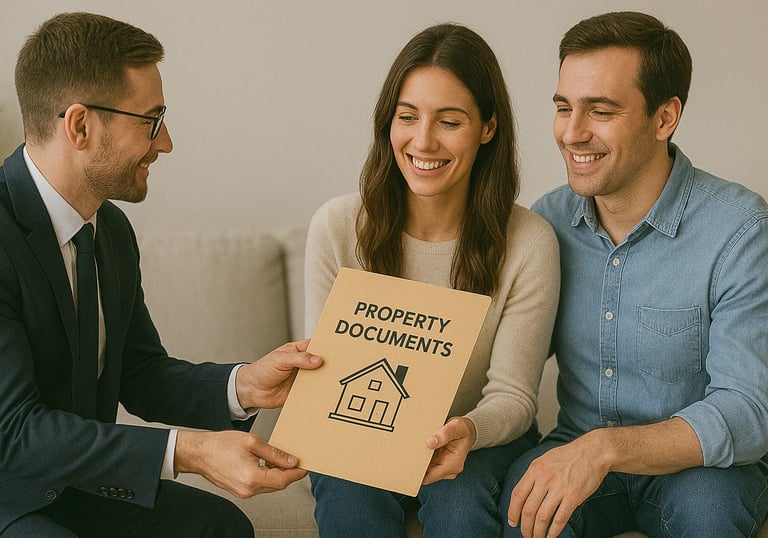 Couple receiving property documents from a real estate agent during a consultation