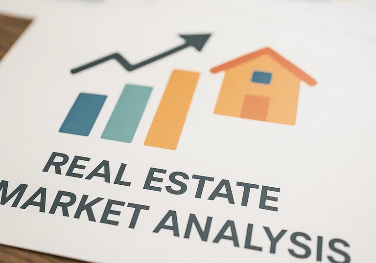 Real estate market analysis chart with growth graph and house icon on a printed report