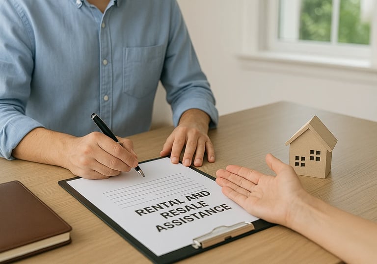 Client discussing rental and resale assistance while signing documents with a real estate agent