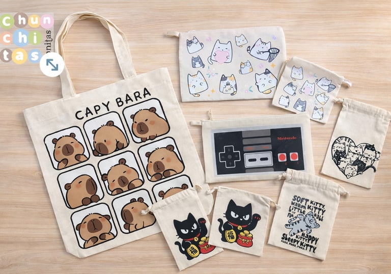 Bolsas de manta de diferentes tamaños con asas o cierre, con imagenes de anime o personajes caricaturiazados