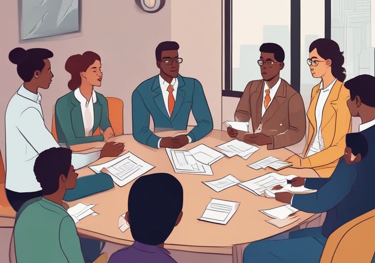 a group of people sitting around a table with papers and papers