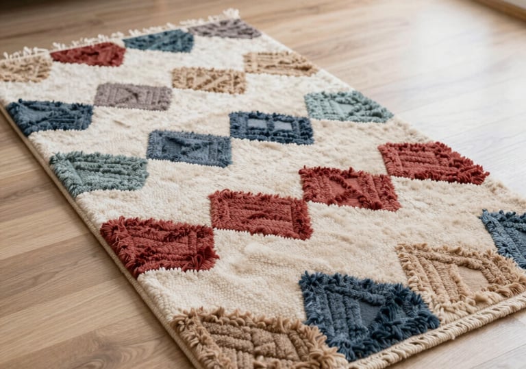 Close-up of colorful handwoven dhurrie rug showcasing intricate patterns.