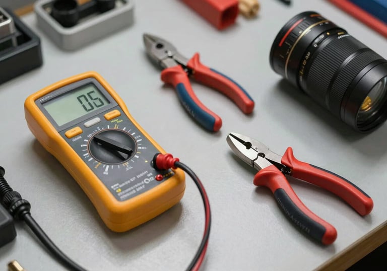 Detailed shot of professional electrical tools laid out on a clean workbench, including a digital multimeter and wire strippers, North American / US Gulf Coast setting.