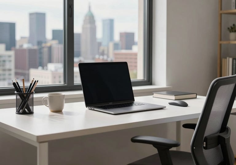 A bright photography of a modern home office with a view of a US city skyline. The desk is clean and organized, featuring high-end technology and a comfortable ergonomic chair, symbolizing a flexible and empowered remote working lifestyle.