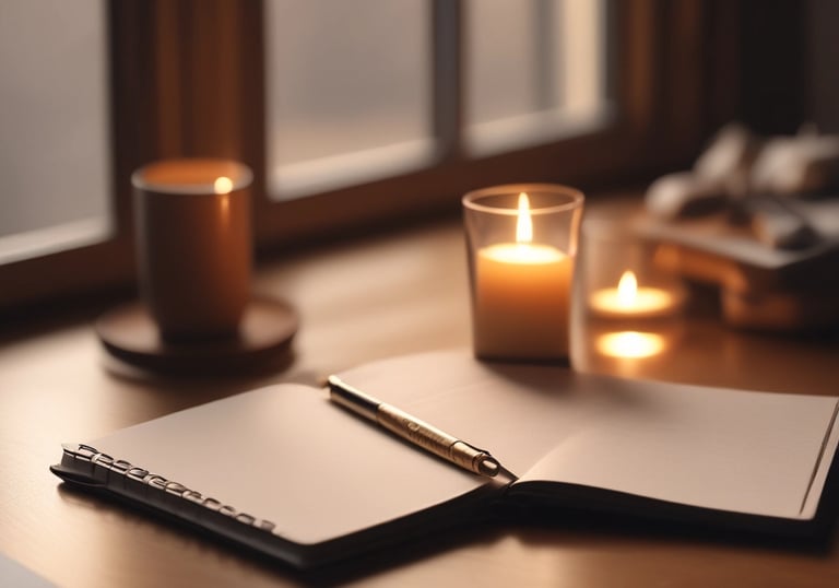A calm, inviting space with deep midnight blue walls, gold accents, and a comfortable chair ready for a session.