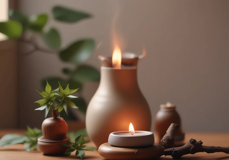 Softly glowing candles and a crystal ball resting on a minimalist wooden table under starry constellation lights.