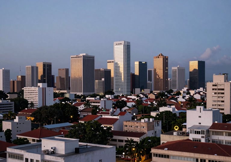 A view of the Maputo skyline at dusk from a high balcony, representing the urban reach and presence of the brand in Mozambique.