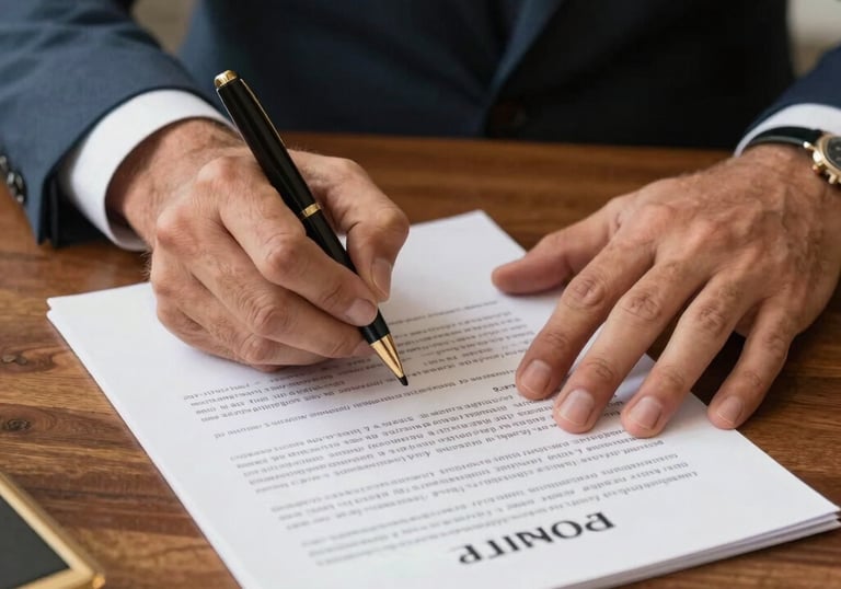 South American / Brazilian professional hands signing a legal contract on a gold-accented wooden desk, representing security and trust.