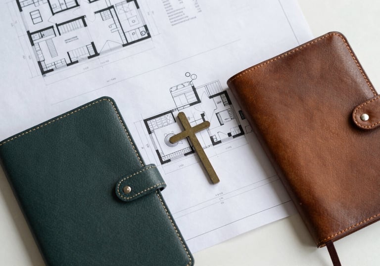 An overhead shot of a clean workspace featuring architectural plans, a leather journal, and a small cross, symbolizing strategic planning and integrity. The palette uses professional tones of #3D5B5F and #A2B2AE, reflecting dignified stewardship and accountability.