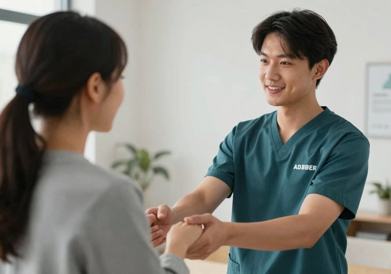 A compassionate scene of community support, showing a volunteer offering assistance to an individual in a warm, dignified indoor setting. The shot is medium-range, clean and sophisticated, with a color palette emphasizing soft greys (#A2B2AE) and deep teals (#3D5B5F) to evoke integrity and care.