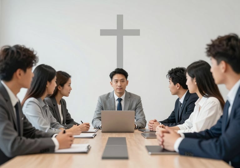 A group of focused young leaders collaborating around a professional meeting table in a light-filled office. A subtle Christian symbol is visible on the wall. The style is clean and sophisticated, with a palette of #1A1A1A and #F8F4F0, representing moral leadership and education.