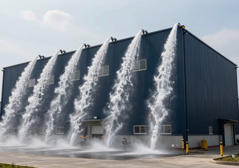A wide view of a large industrial warehouse facility protected by an automated fire suppression network, in dark navy and ice white.