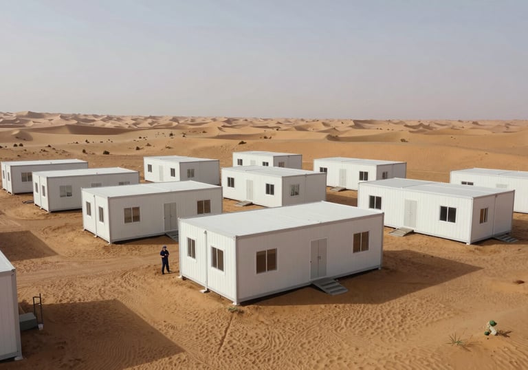 A wide shot of a modern labor accommodation camp in a remote desert area, showing clean, modular units designed for extreme climates, featuring efficient architecture and professional management.