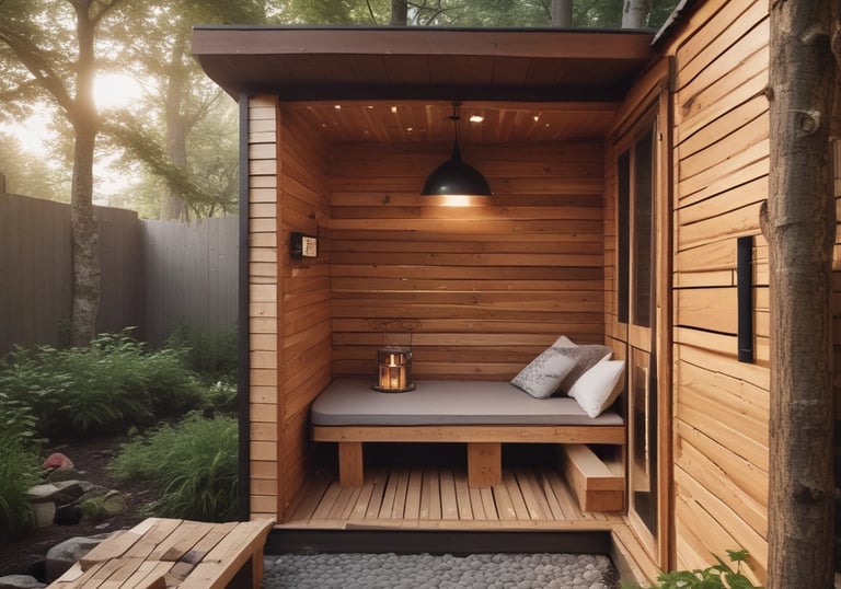 A wooden sauna room glowing softly with warm light.