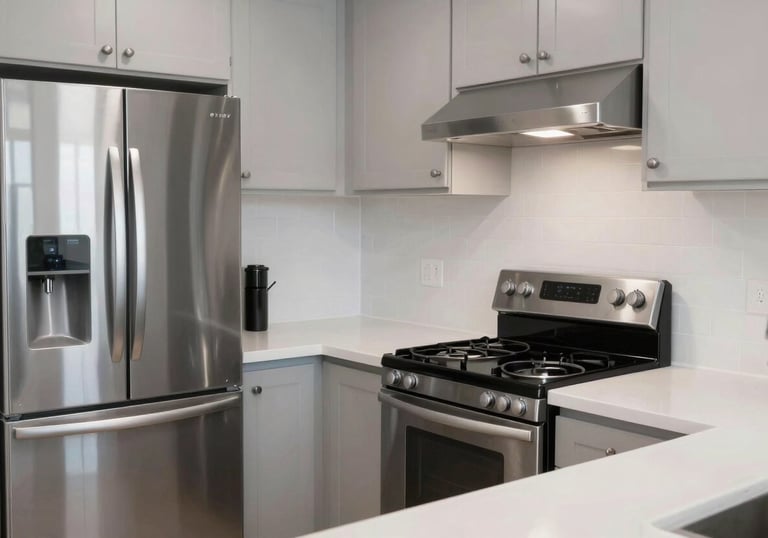 A clean, minimalist kitchen in a modern North American / US apartment featuring stainless steel appliances and white countertops.