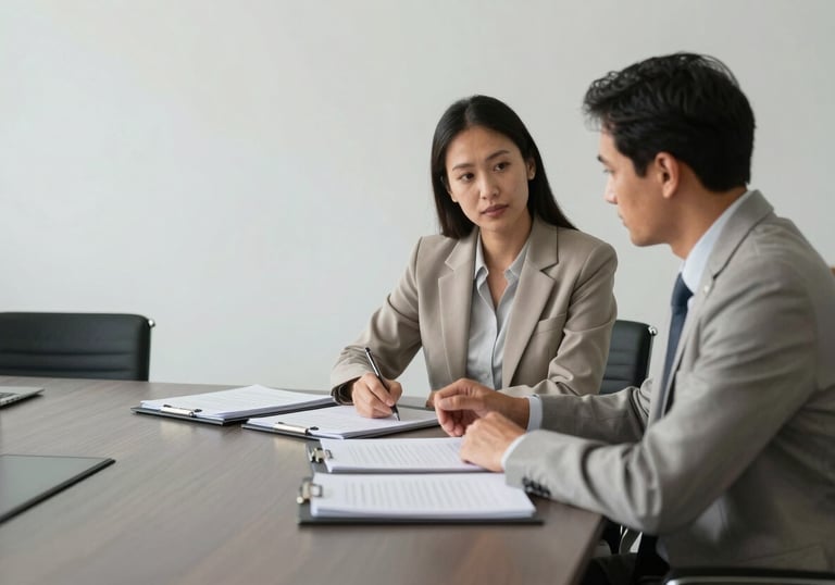 A minimalist meeting room in a Brazilian corporate setting, featuring two professionals in neutral-toned business attire discussing over organized paper folders on a slate grey table.