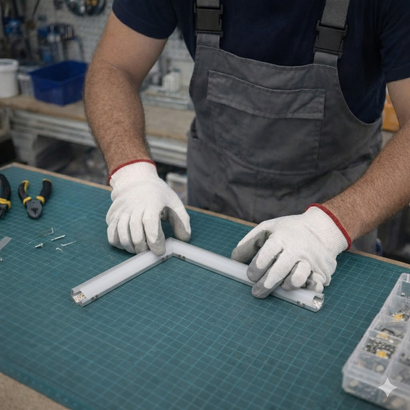 Ensamblado de perfiles LED a medida y cortes especiales en nuestro taller.