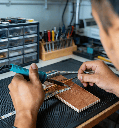 Soldadura de precisión en tiras LED con conexiones profesionales garantizadas.