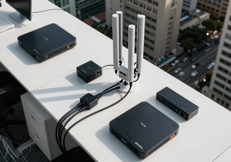 A bird's eye view of a modern office workstation in a South American / Venezuelan city, clean lines, minimalist design, featuring high-end telecommunications devices.