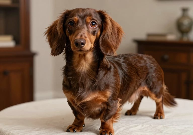 A professional portrait of a Long-Haired Miniature Dachshund with a lustrous coat, posed elegantly on an off-white linen surface in a sophisticated North American interior.