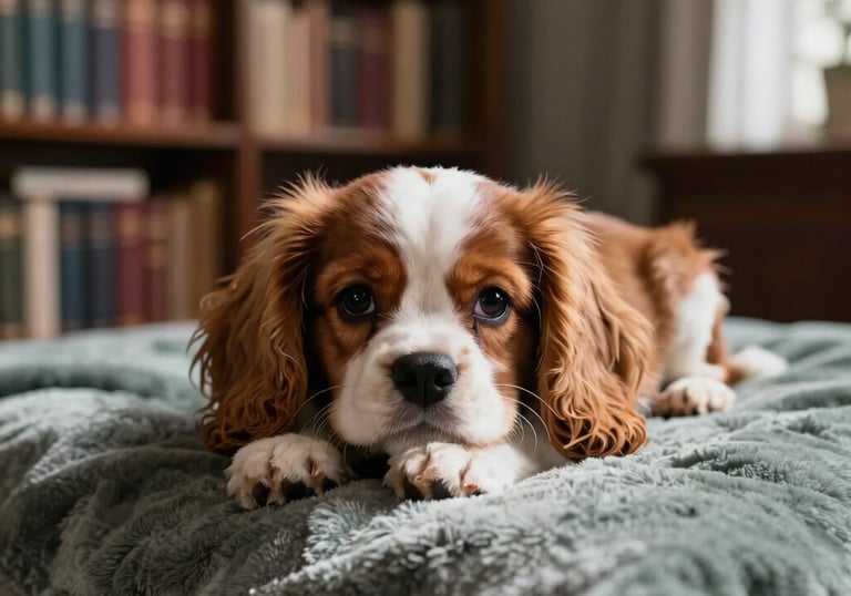 An elegant Cavalier King Charles Spaniel puppy resting on a plush grey-green blanket in a sunlit, high-end North American home library.