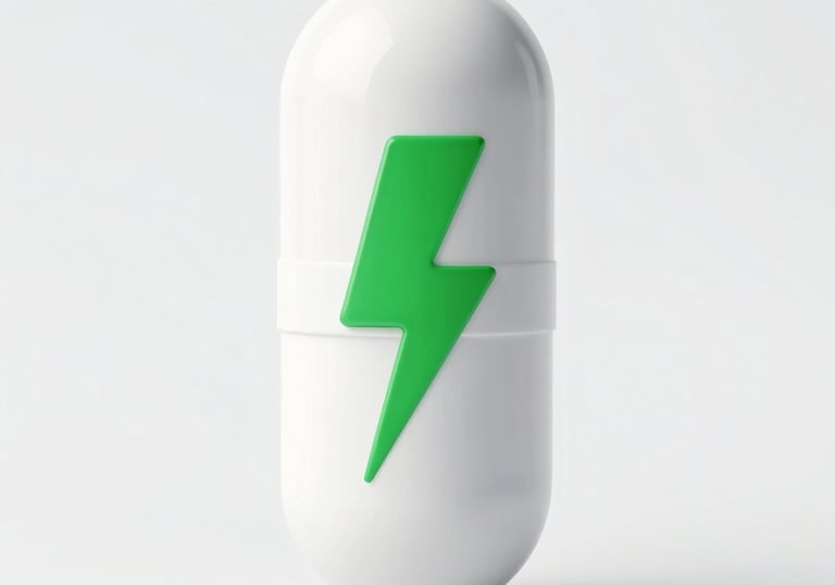 Dumbbells with protein powder scoop and workout supplement capsules with glowing green energy.