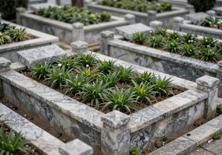A high-angle photo of a beautifully manicured grave with a small stone fence and freshly watered green plants, natural stone tones, professional landscape photography in Istanbul.