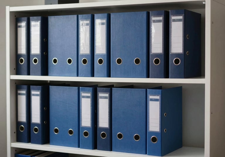 A minimalist, organized office bookshelf featuring professional binders in soft steel blue and dark navy tones.