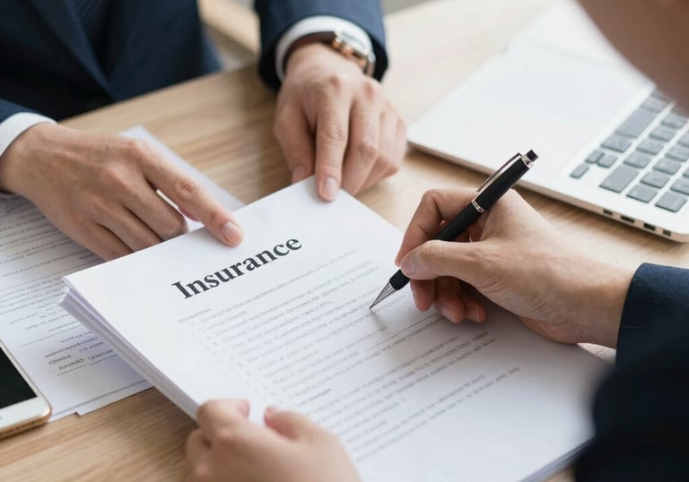 A professional consultant explaining social insurance documents to a client in an office setting.
