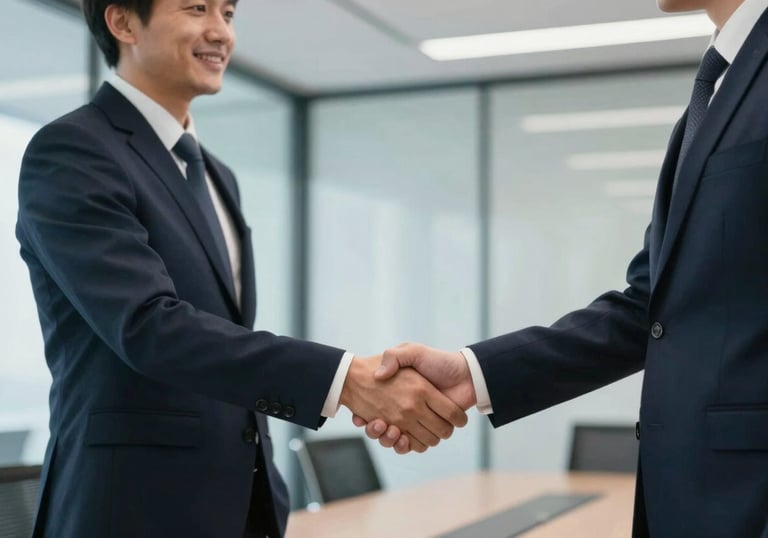 Two professional partners shaking hands in a bright, glass-walled conference room, symbolizing trust and long-term collaboration.