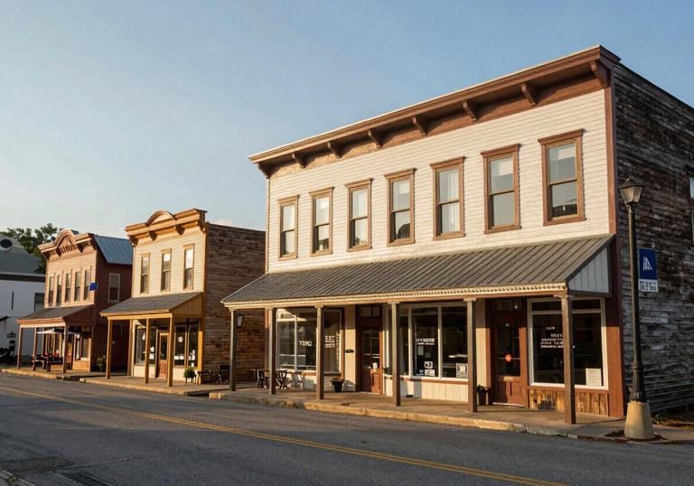 A wide-angle photography shot of a charming small-town main street in the West Virginia panhandle, with historic storefronts and a professional, approachable vibe under a soft late afternoon sun.