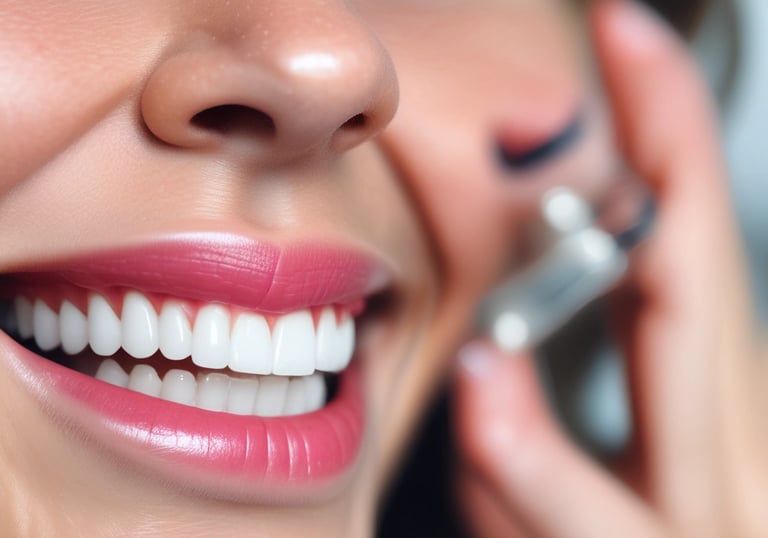 Close-up of a patient smiling during a teeth whitening treatment in a modern dental clinic.