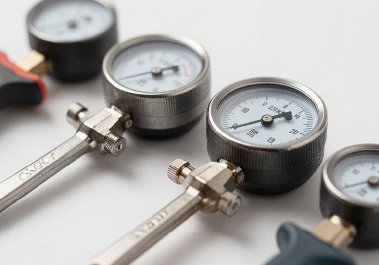 A close-up shot of a set of high-quality metallic tools and a pressure gauge, arranged neatly, symbolizing professional climate maintenance, shades of #4A6D7C.