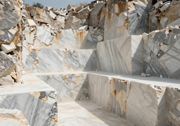 Close-up of polished marble slabs stacked at an international quarry.