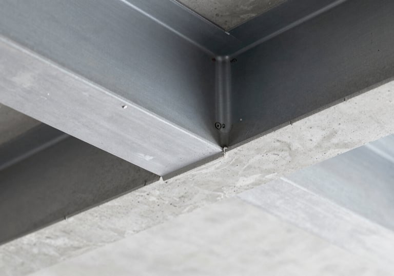 Detailed close-up of high-quality concrete finishing meeting a steel beam. The image emphasizes the clean lines and material quality inherent in professional construction, featuring a palette of #A0AEC0 and #4A5568.