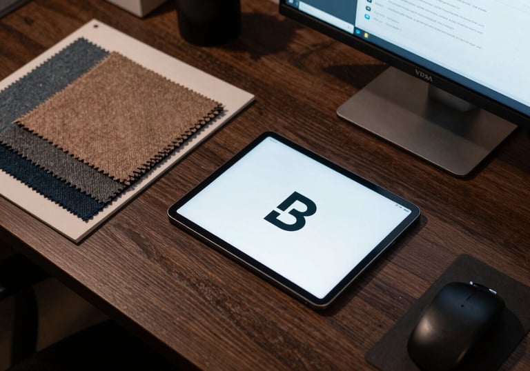 A stylized top-down view of a designer's desk in India, with high-end fabric swatches, a tablet showing a logo design, and a digital assistant interface on a secondary monitor.
