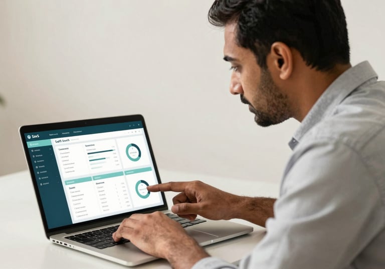 A professional South Asian man in a business setting, interacting with a sleek laptop showing a sophisticated SaaS dashboard with muted teal accents and a clean off-white background.