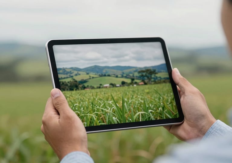 A digital tablet showing a green field landscape in the background, held by a person in a South American / Brazilian rural-corporate setting, soft steel blue and off-white light.