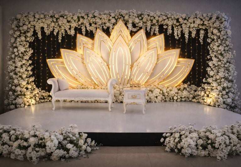 Estructura escénica iluminada para eventos sociales